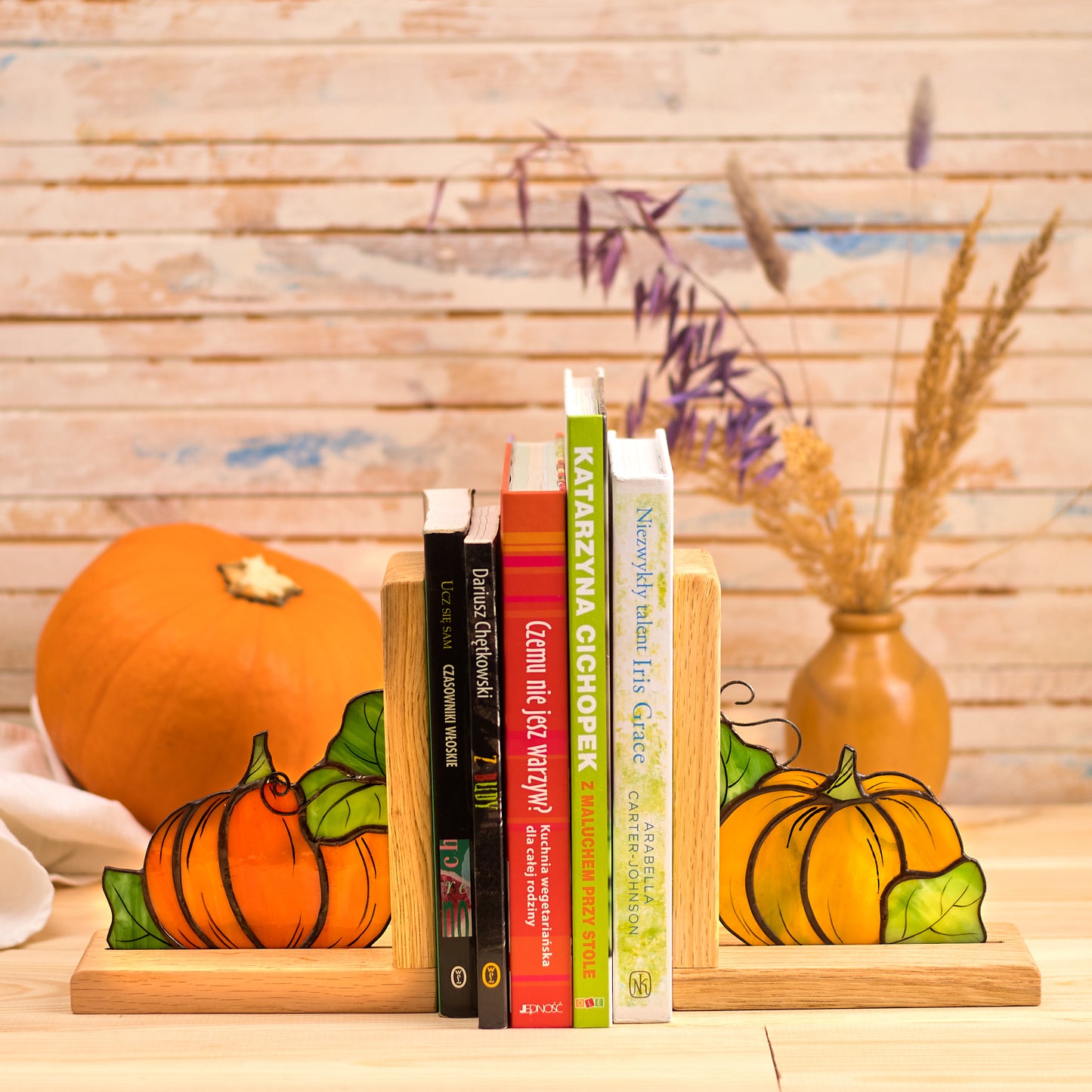 Halloween Pumpkin Stained Glass Bookends