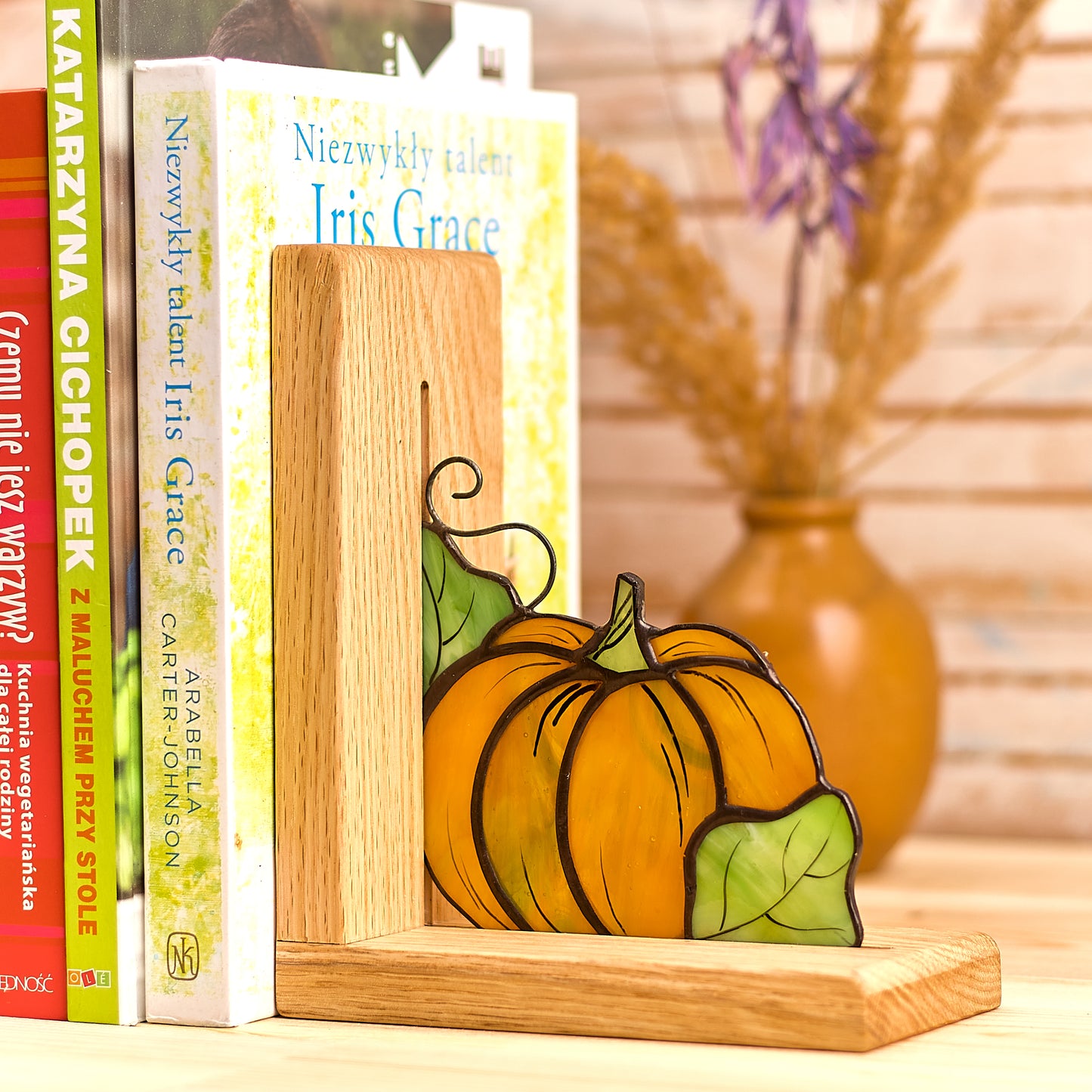 Halloween Pumpkin Stained Glass Bookends