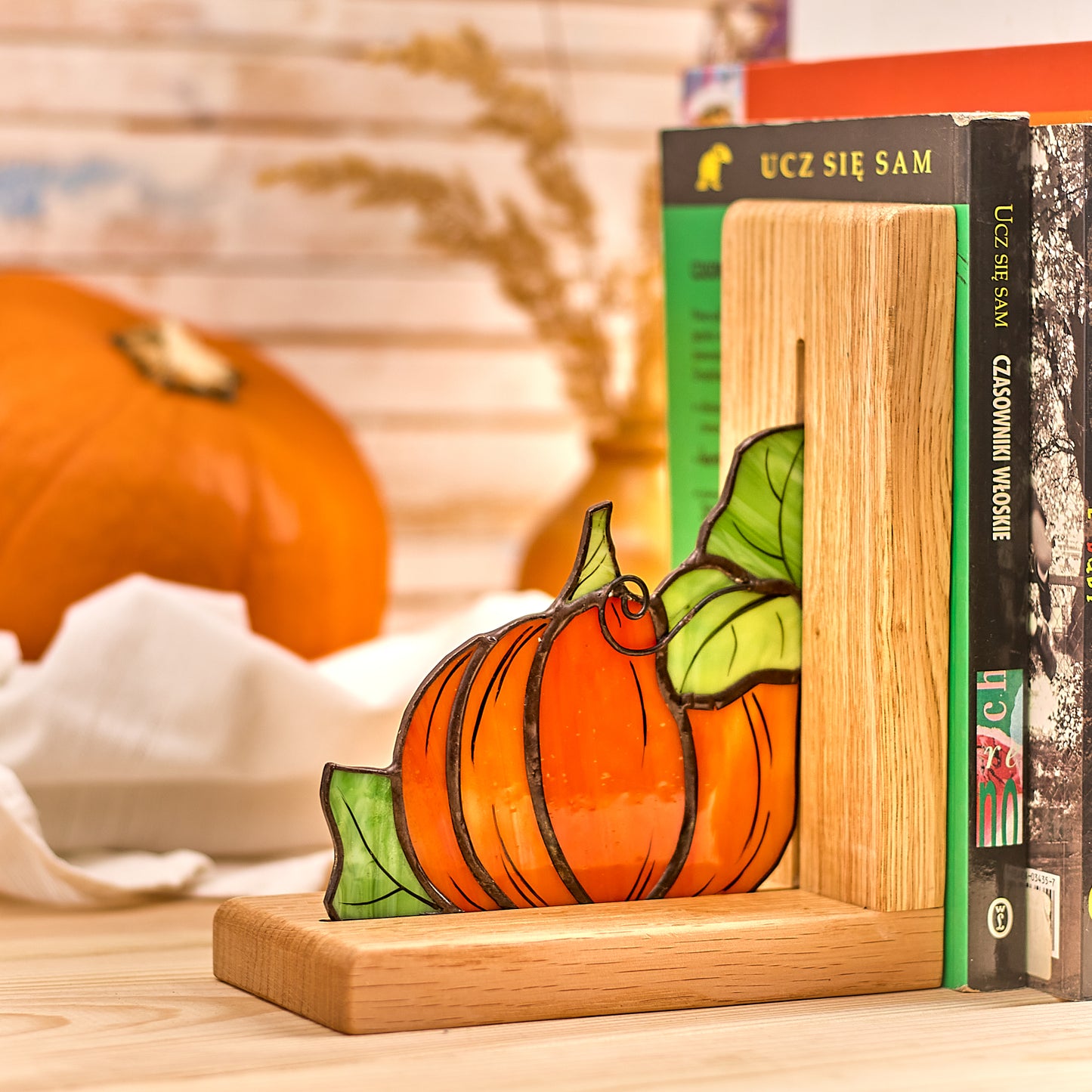 Halloween Pumpkin Stained Glass Bookends