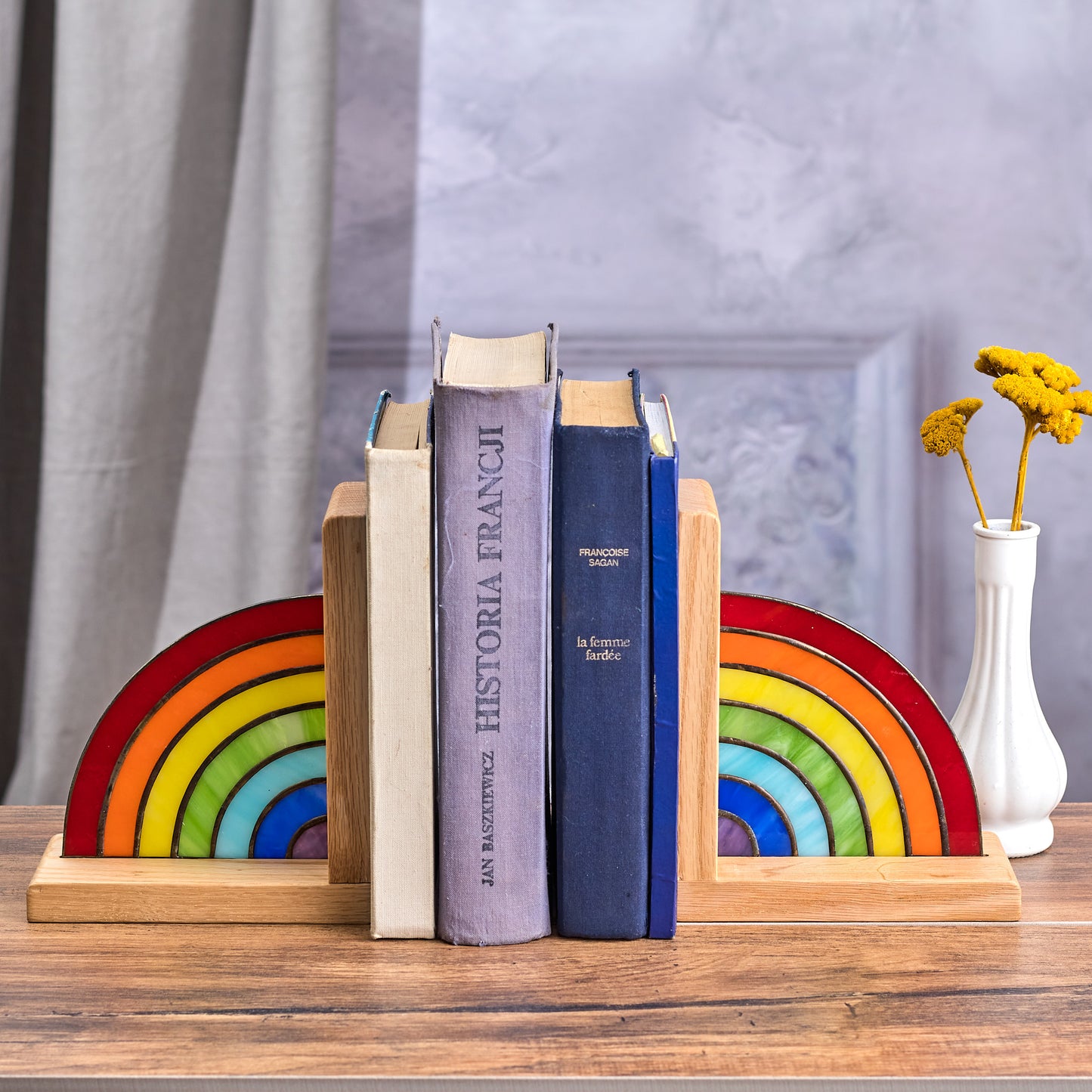 Rainbow Bookend Stained Glass - Unique Library Decor Bookends Bookshelf organizer pride gift idea