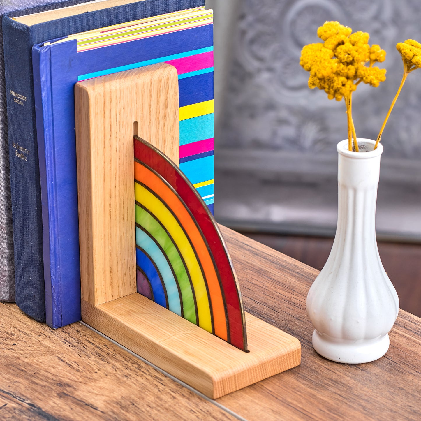 Rainbow Bookend Stained Glass - Unique Library Decor Bookends Bookshelf organizer pride gift idea