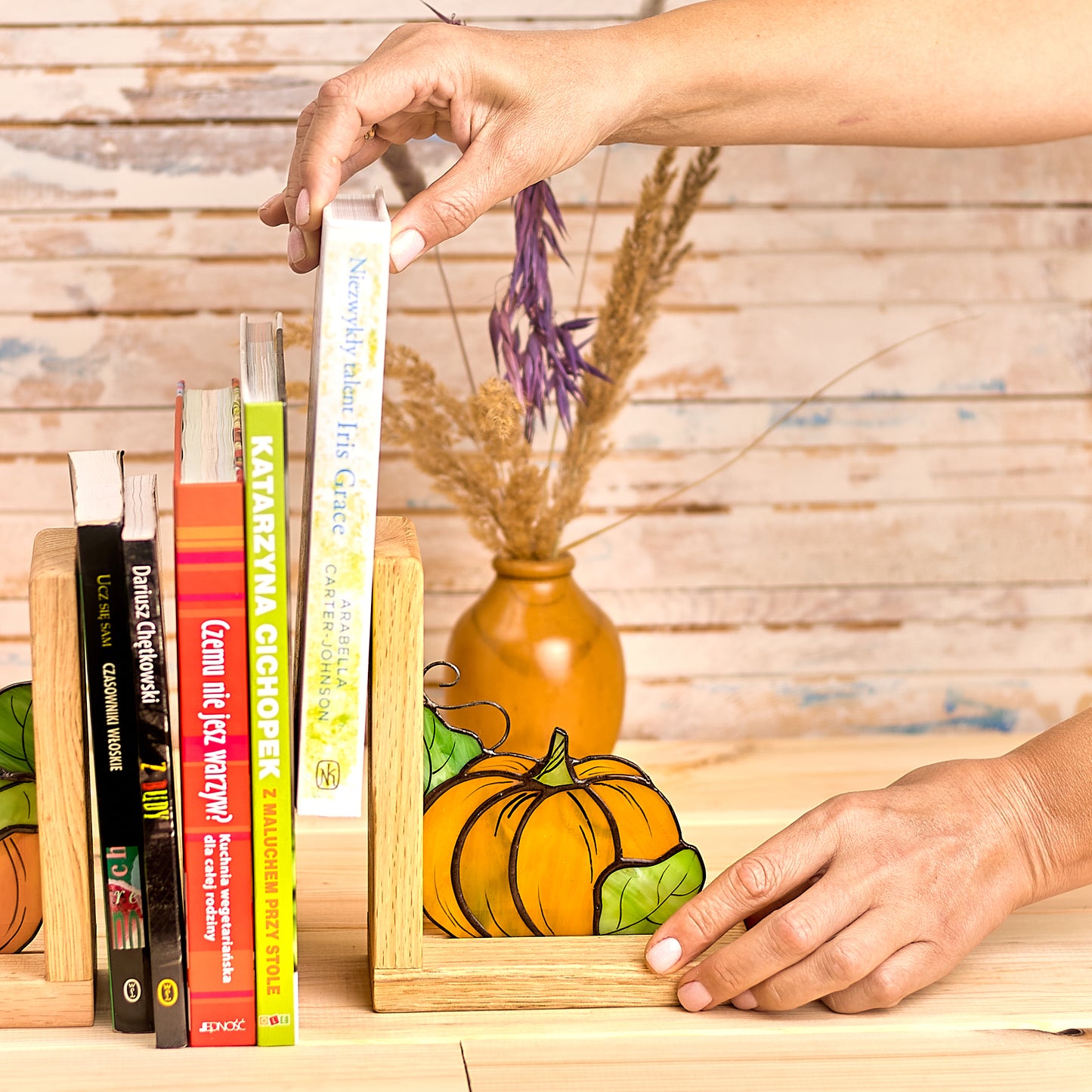 Halloween Pumpkin Stained Glass Bookends