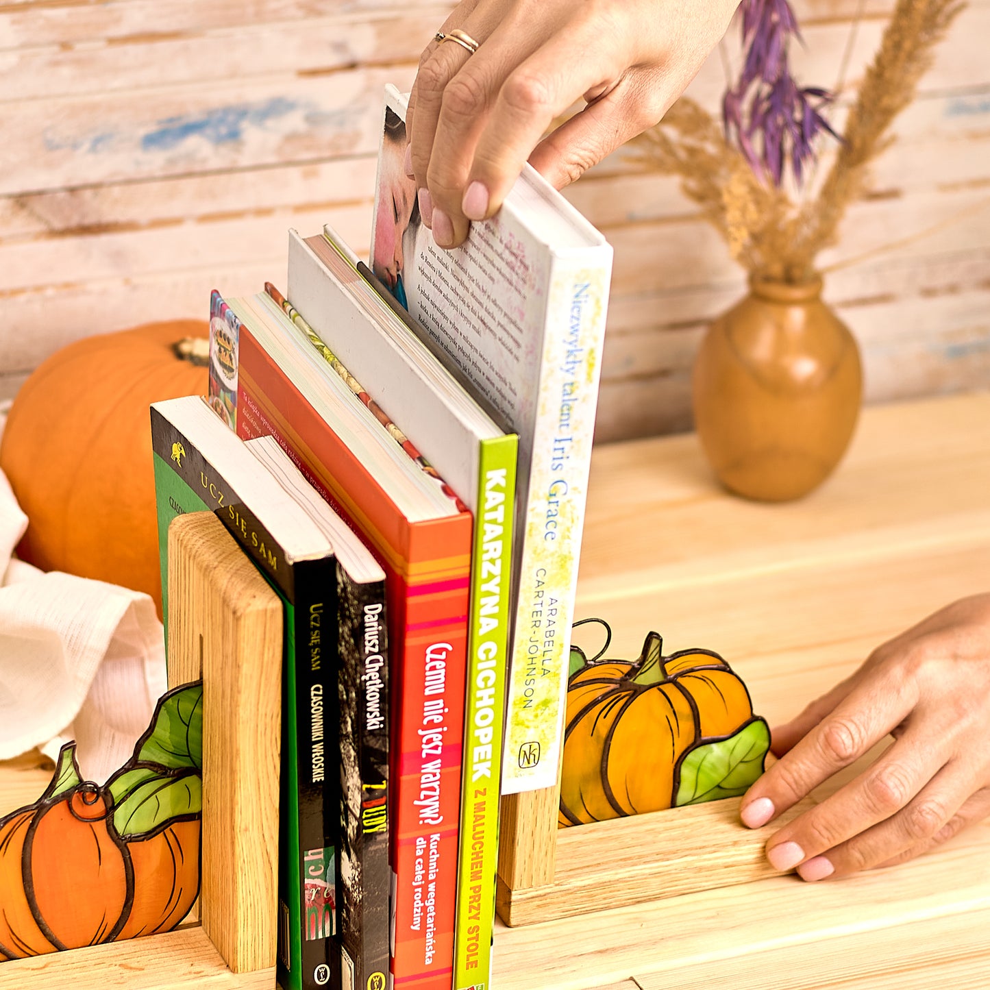 Halloween Pumpkin Stained Glass Bookends