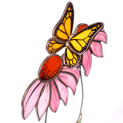 Pink Echinacea Flower with Butterfly Stained Glass Tabletop