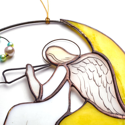 Angel on a Moon Stained Glass Suncatcher