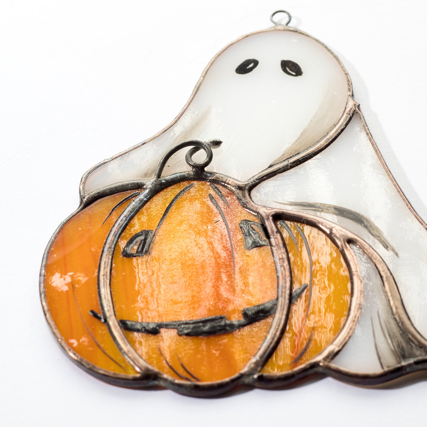 Little Ghost with Pumpkin Stained Glass Halloween Decoration