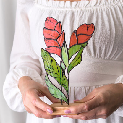Red Ginger Flower Stained Glass Tabletop