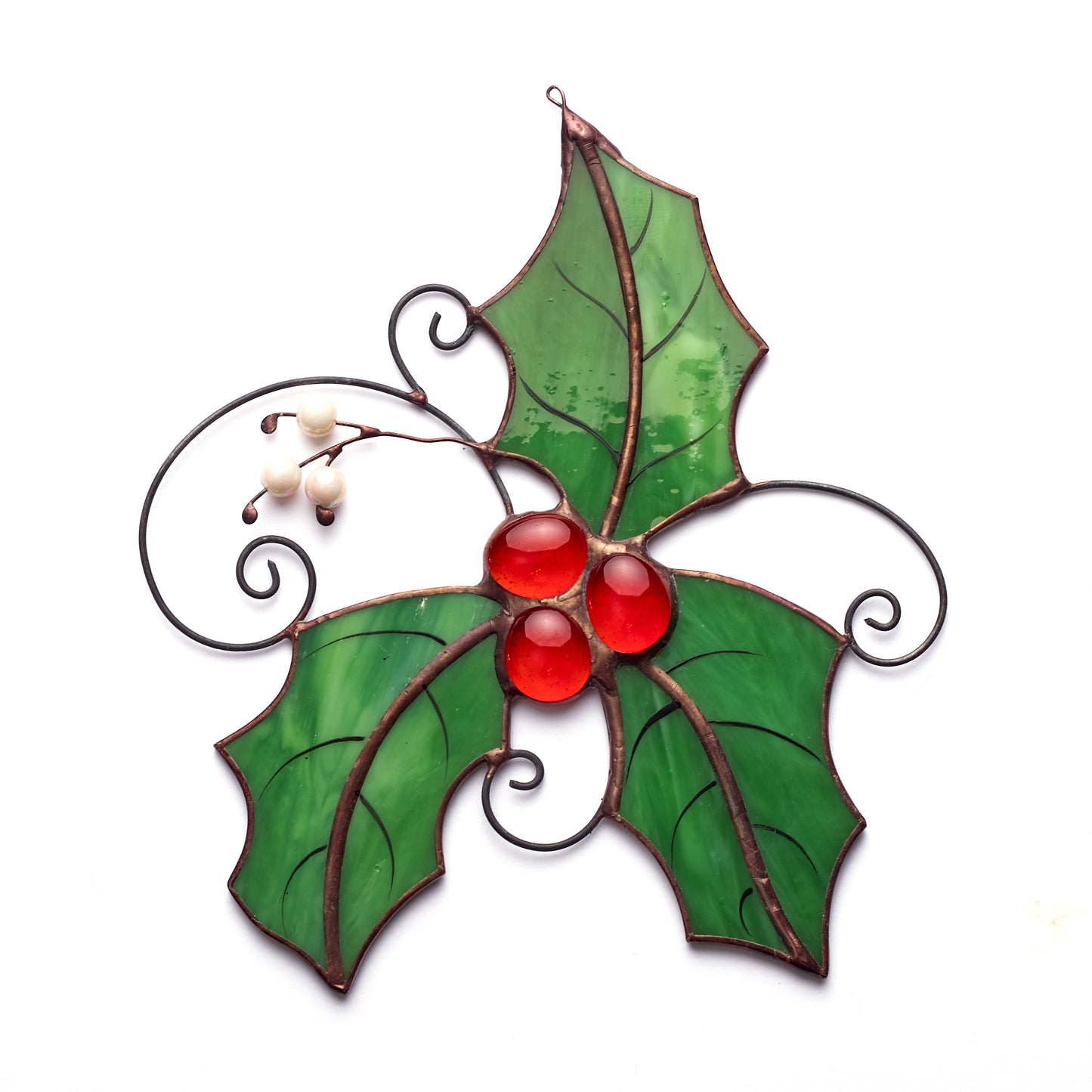 Stained Glass Holly Leaf with Red Berries