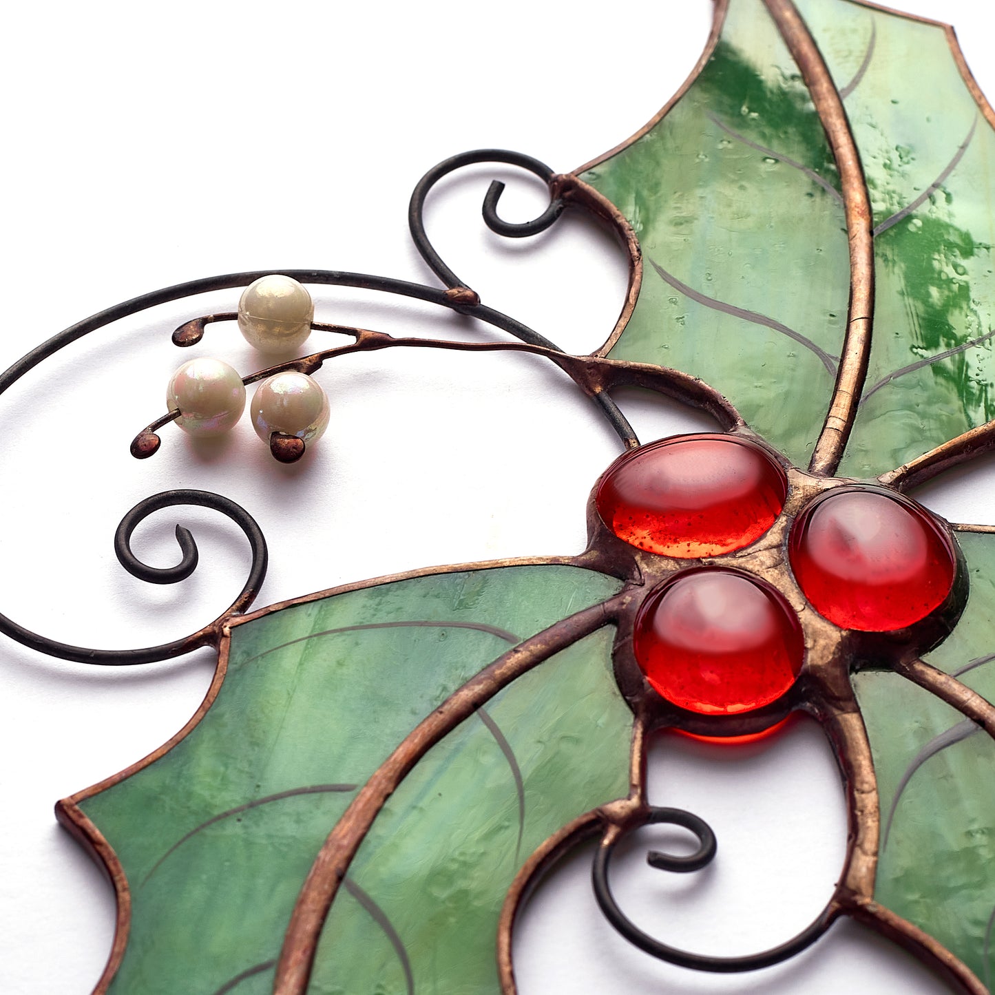 Stained Glass Holly Leaf with Red Berries