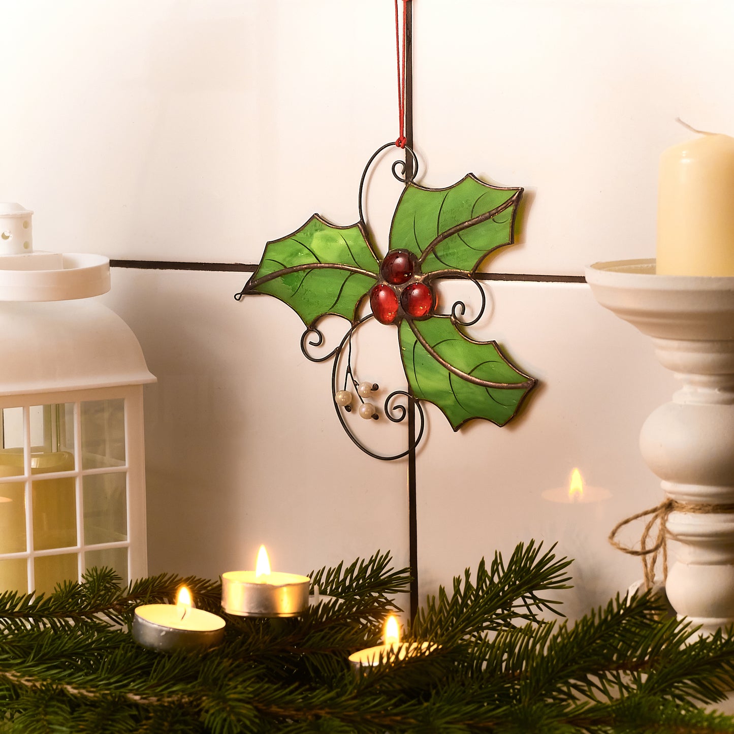 Stained Glass Holly Leaf with Red Berries