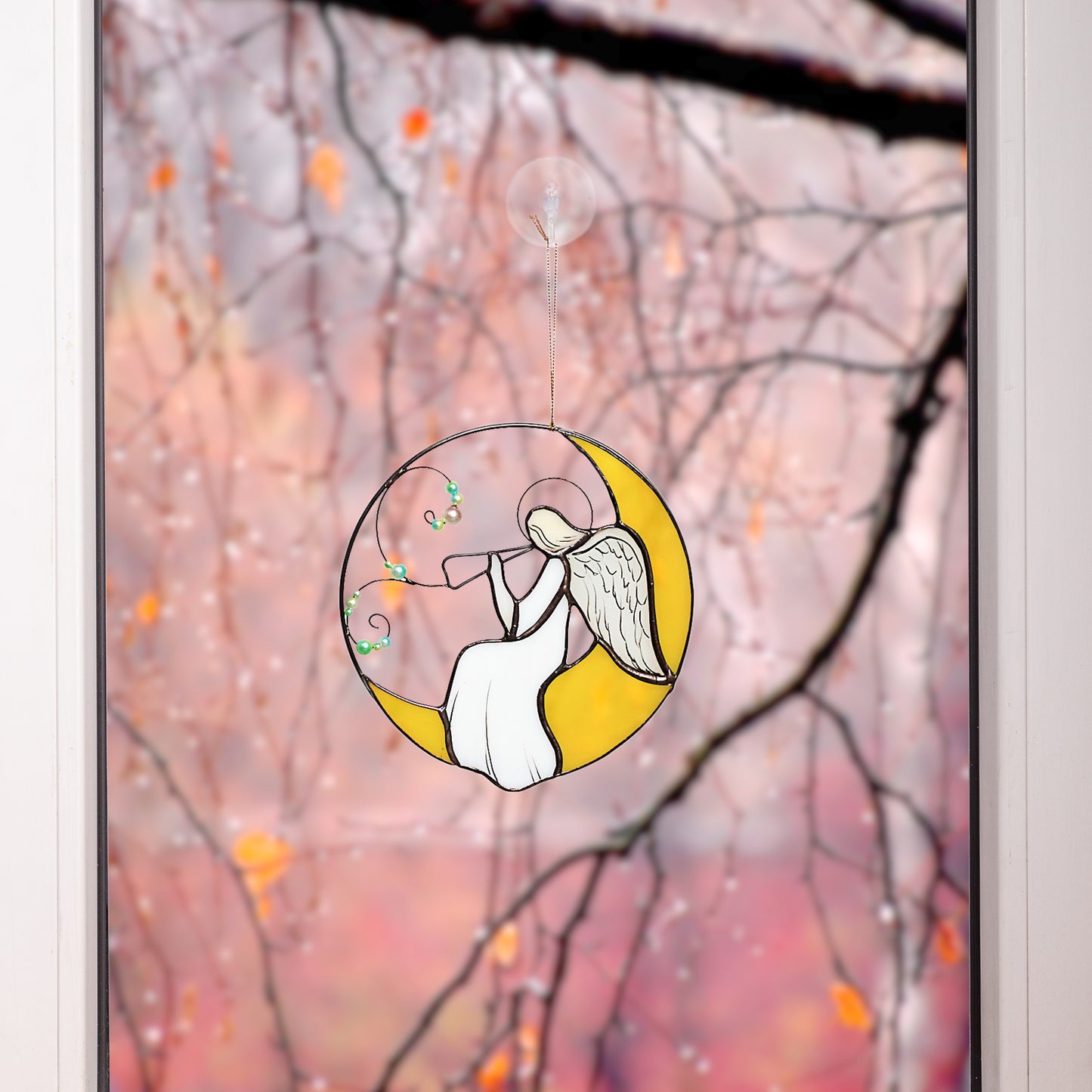 Angel on a Moon Stained Glass Suncatcher