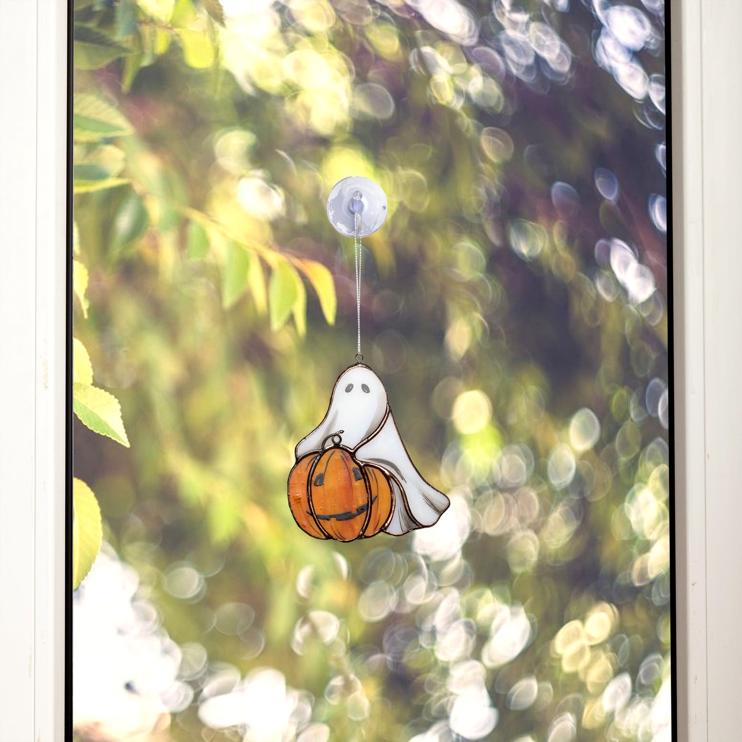 Little Ghost with Pumpkin Stained Glass Halloween Decoration