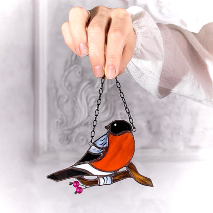 Bullfinch Bird Stained Glass Suncatcher