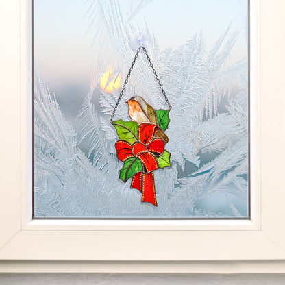 Stained Glass Robin Holly Bow