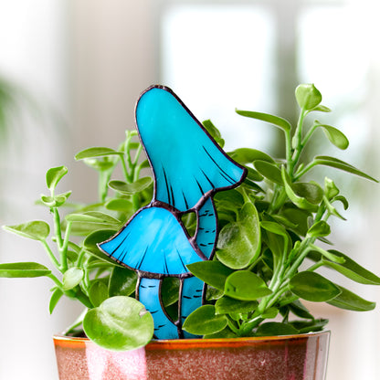 Blue Entoloma Mushroom Stained Glass Plant Pot Stake
