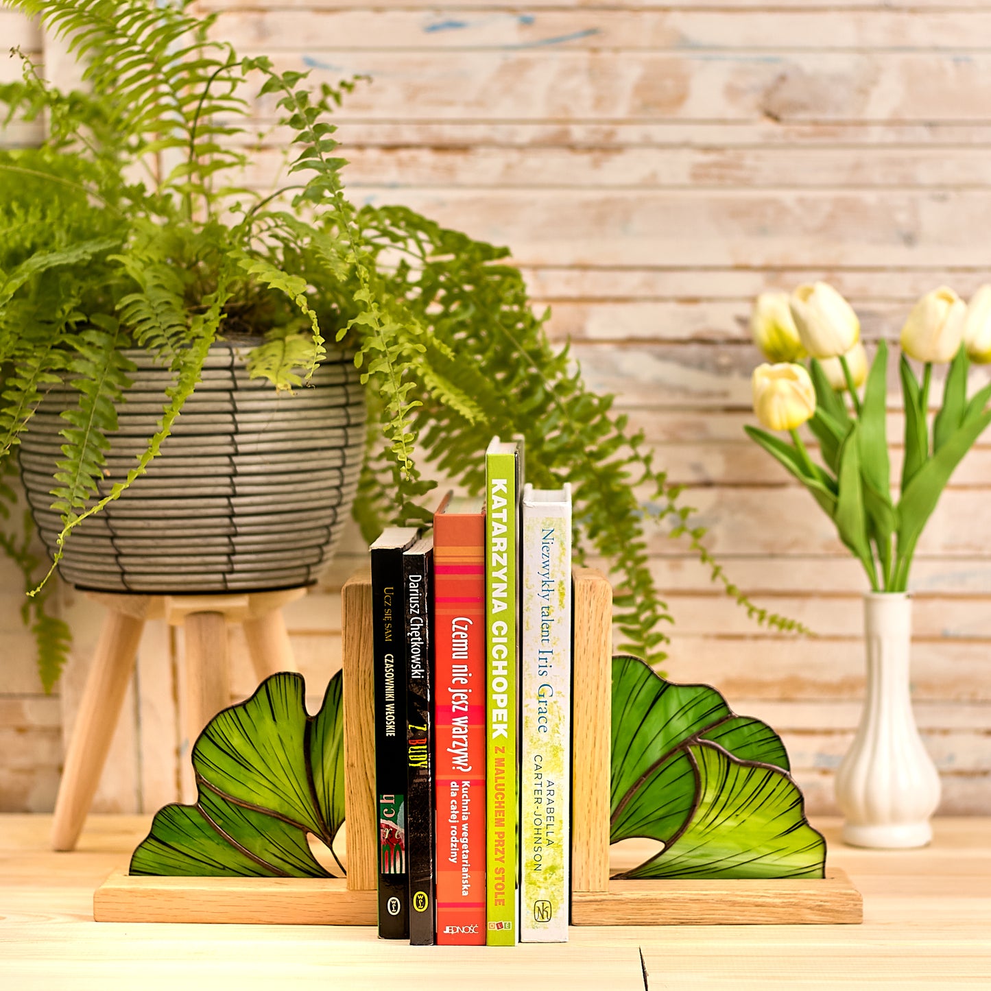 Ginkgo Leaf Stained Glass Bookends