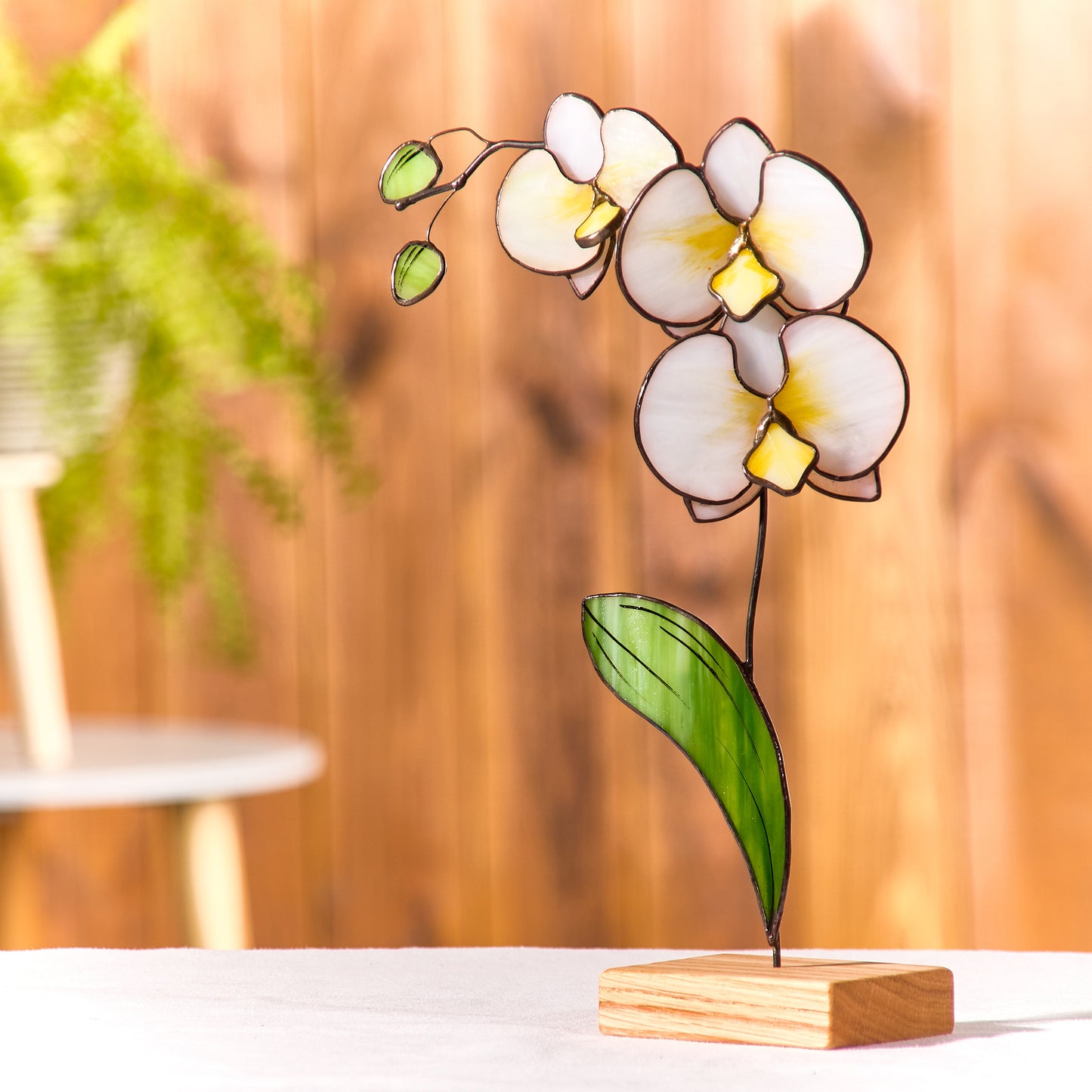 White Orchid Flower Stained Glass Tabletop