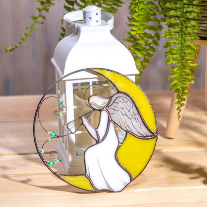 Angel on a Moon Stained Glass Suncatcher