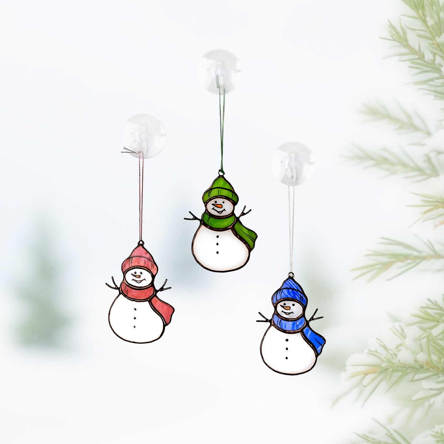Ready to Give Christmas Present: Set of 3 Snowman Stained Glass Ornaments in Gift Box