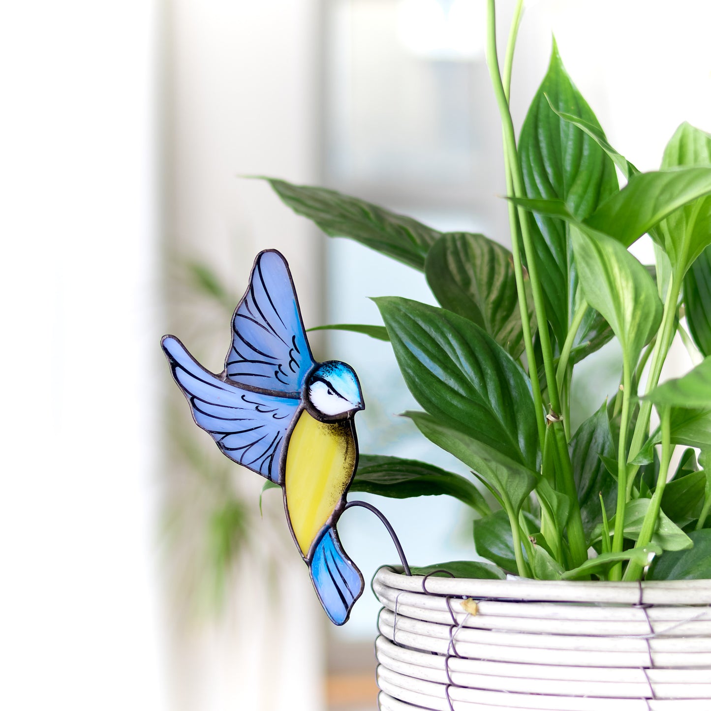 Blue Tit Bird Stained Glass Plant Pot Hugger