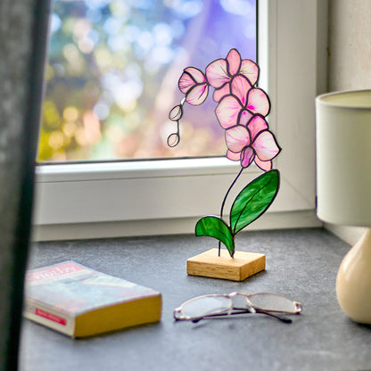 Pink Orchid Flower Stained Glass Tabletop