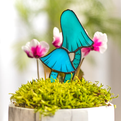 Blue Entoloma Mushroom Stained Glass Plant Pot Stake