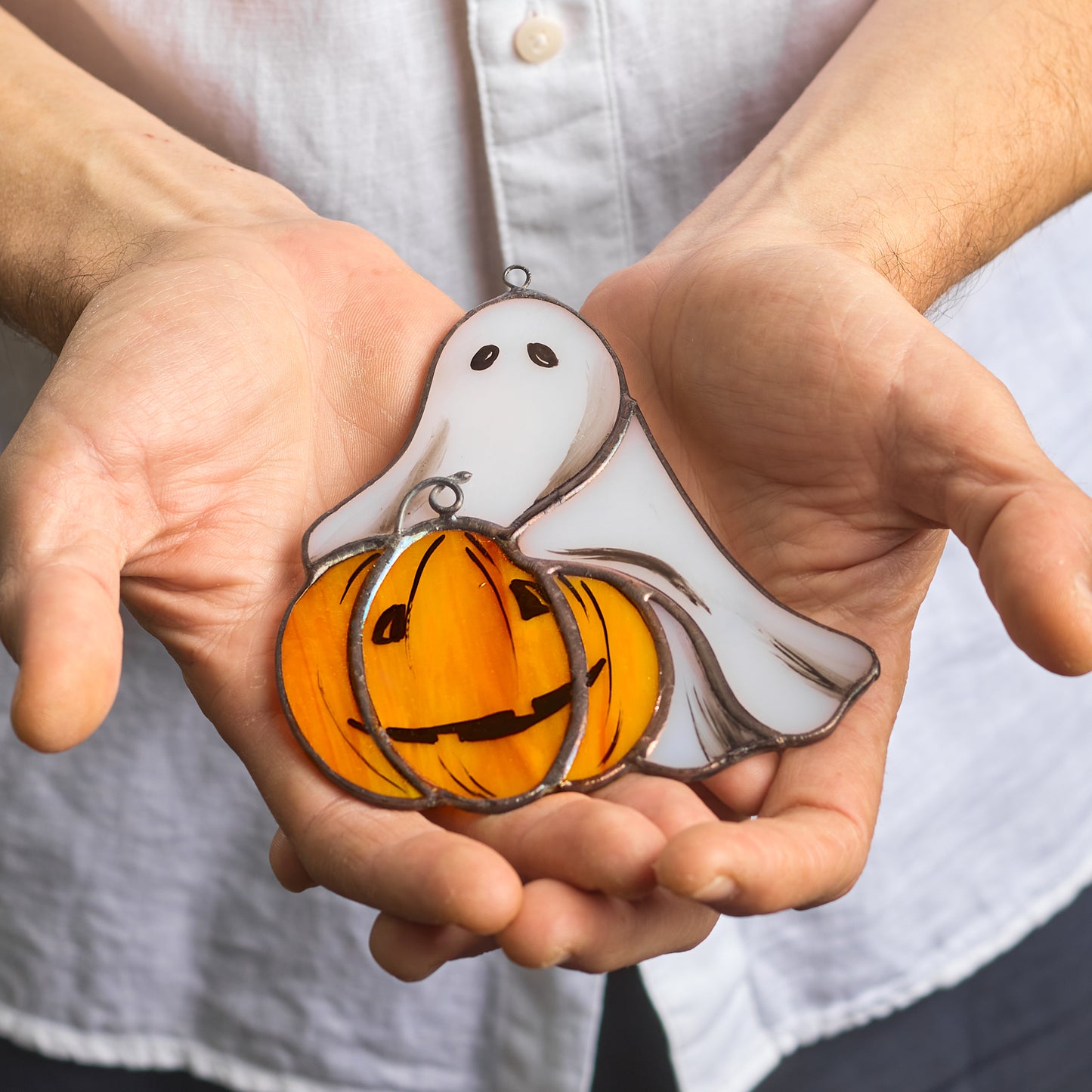 Little Ghost with Pumpkin Stained Glass Halloween Decoration