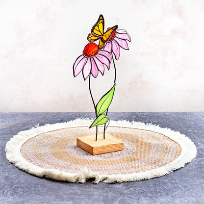Pink Echinacea Flower with Butterfly Stained Glass Tabletop