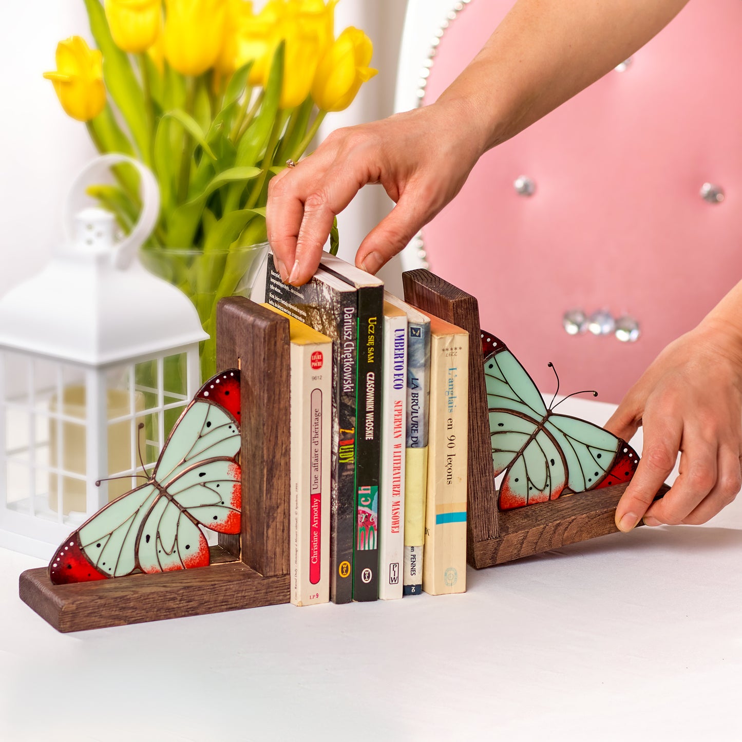 Soft Mint Butterfly Stained Glass Bookends