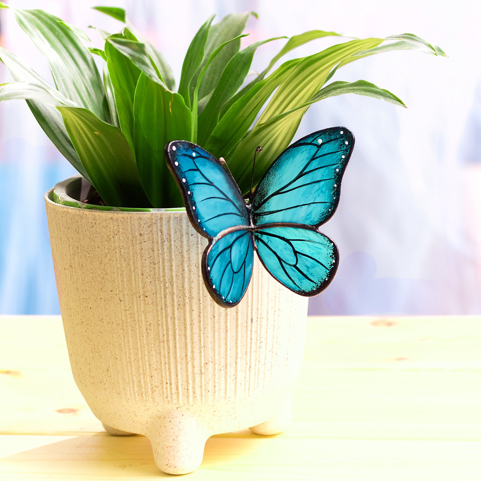 butterfly planter pots Blue Stained Glass Butterfly Pot Hanger – AvalGlass