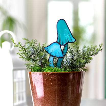 Blue Entoloma Mushroom Stained Glass Plant Pot Stake