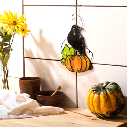 Crow on Pumpkin Stained Glass Halloween Decoration