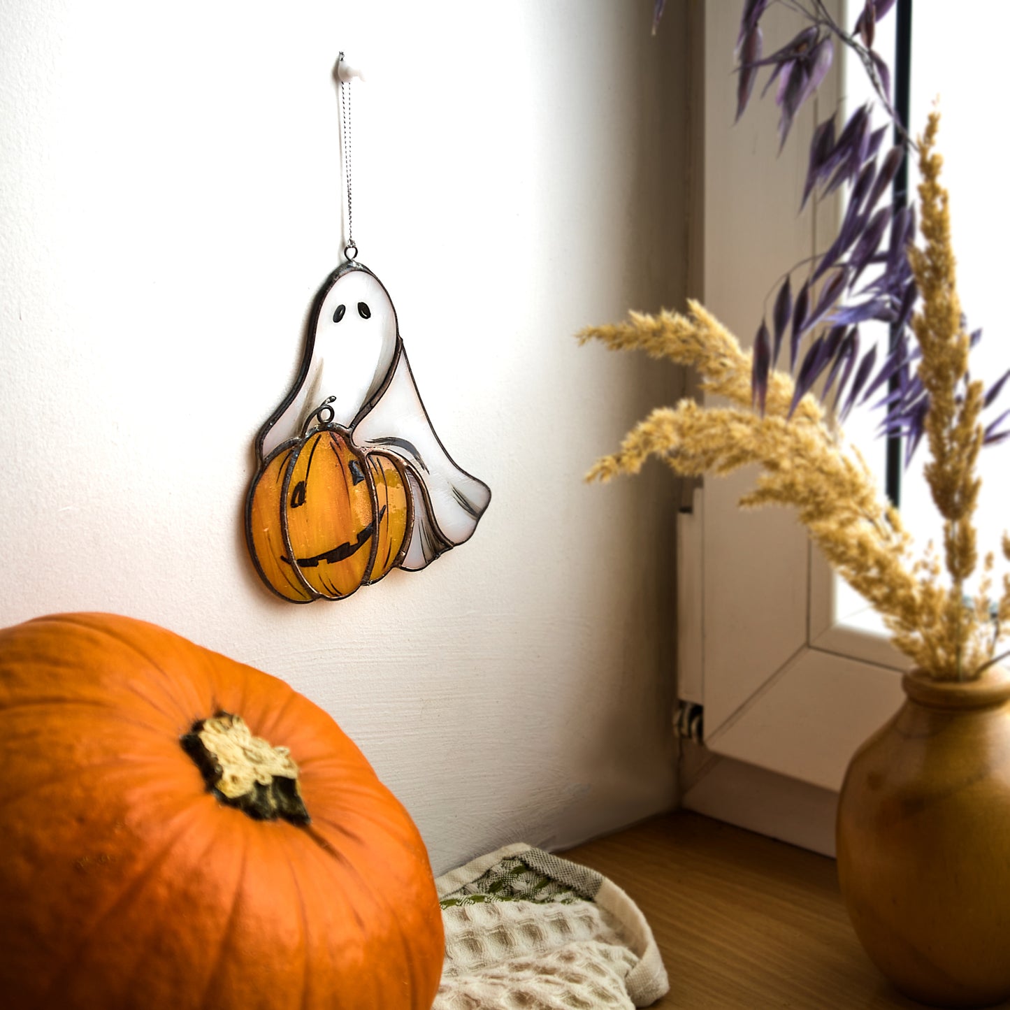 Little Ghost with Pumpkin Stained Glass Halloween Decoration