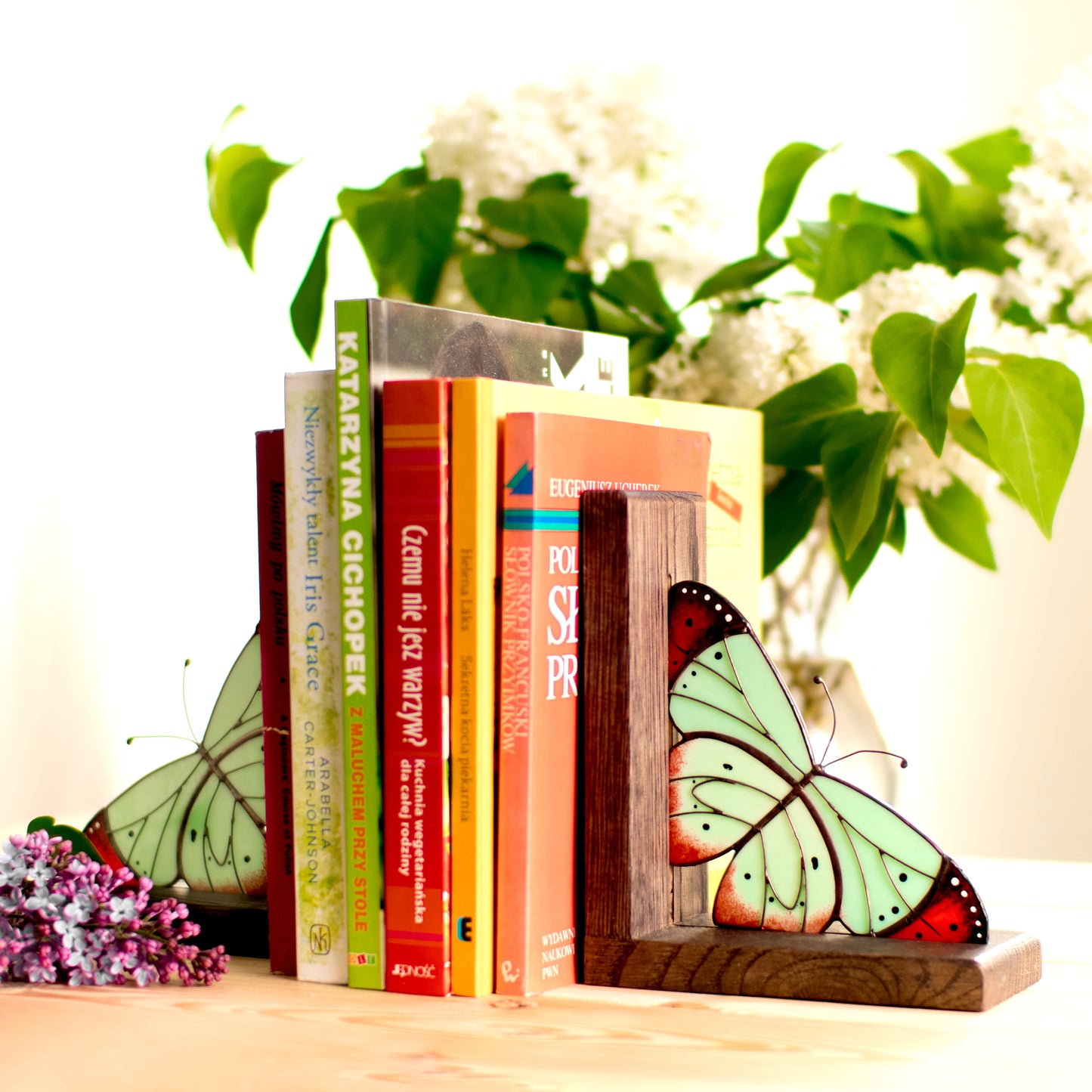Soft Mint Butterfly Stained Glass Bookends