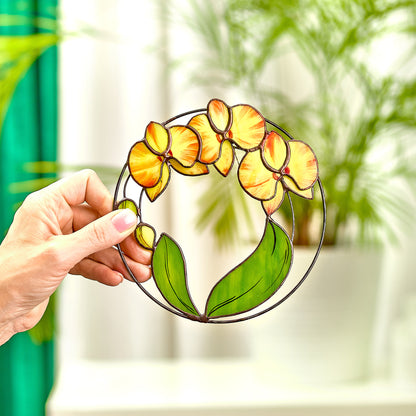 Stained Glass Yellow Orchid Suncatcher