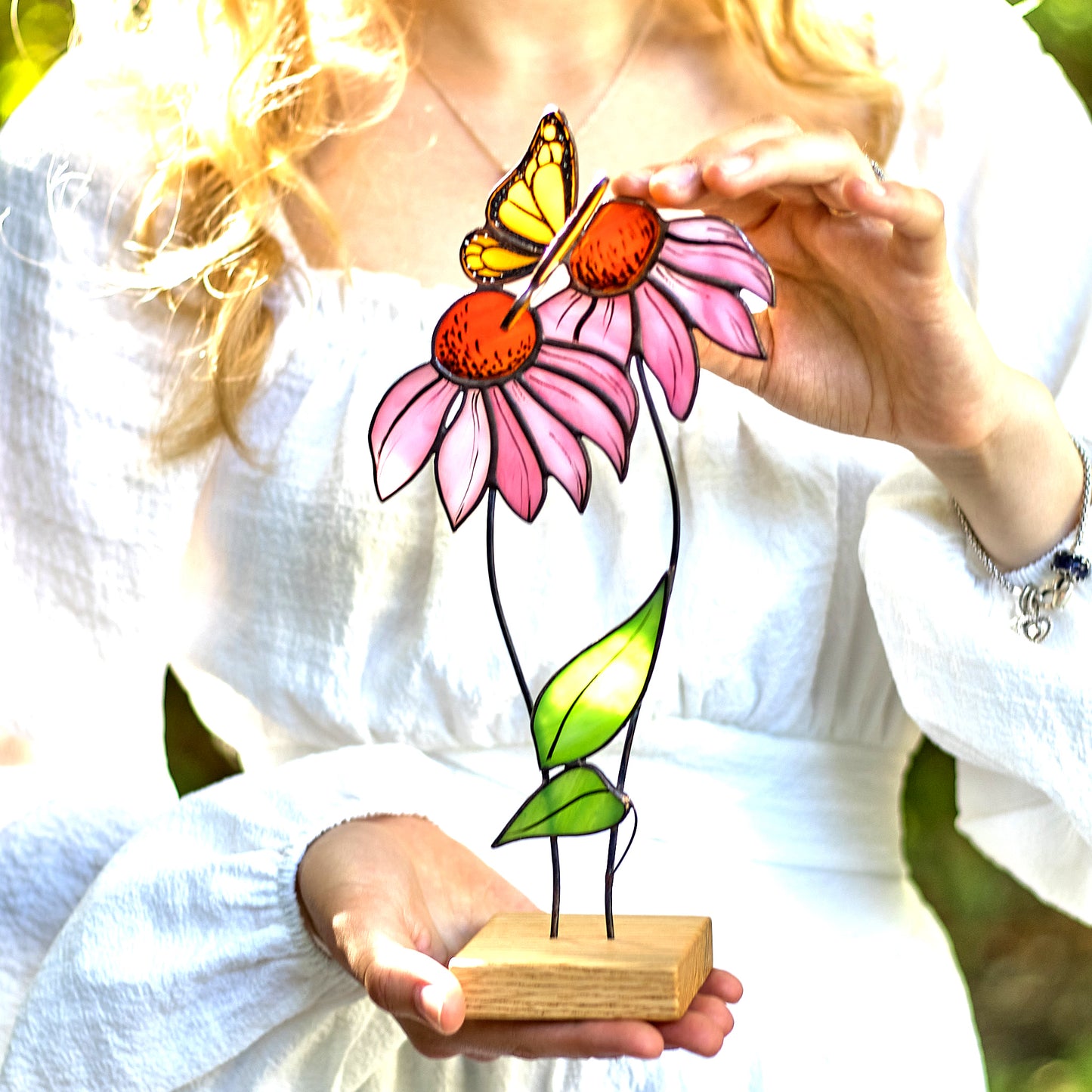 Pink Echinacea with butterfly Stained Glass