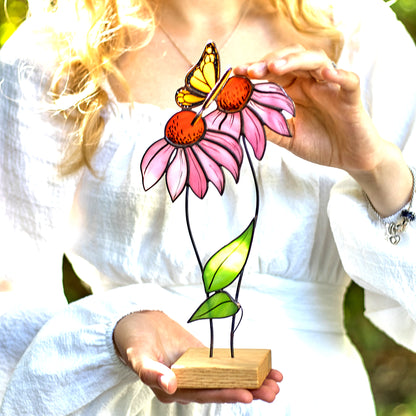 Pink Echinacea Flower with Butterfly Stained Glass Tabletop