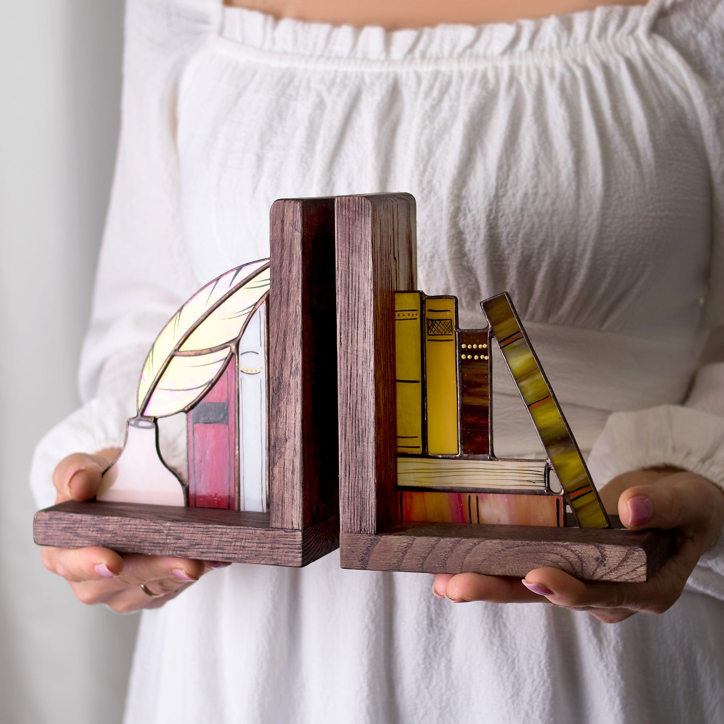 Books and Quill Stained Glass Bookends