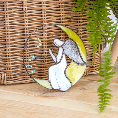 Angel on a Moon Stained Glass Suncatcher