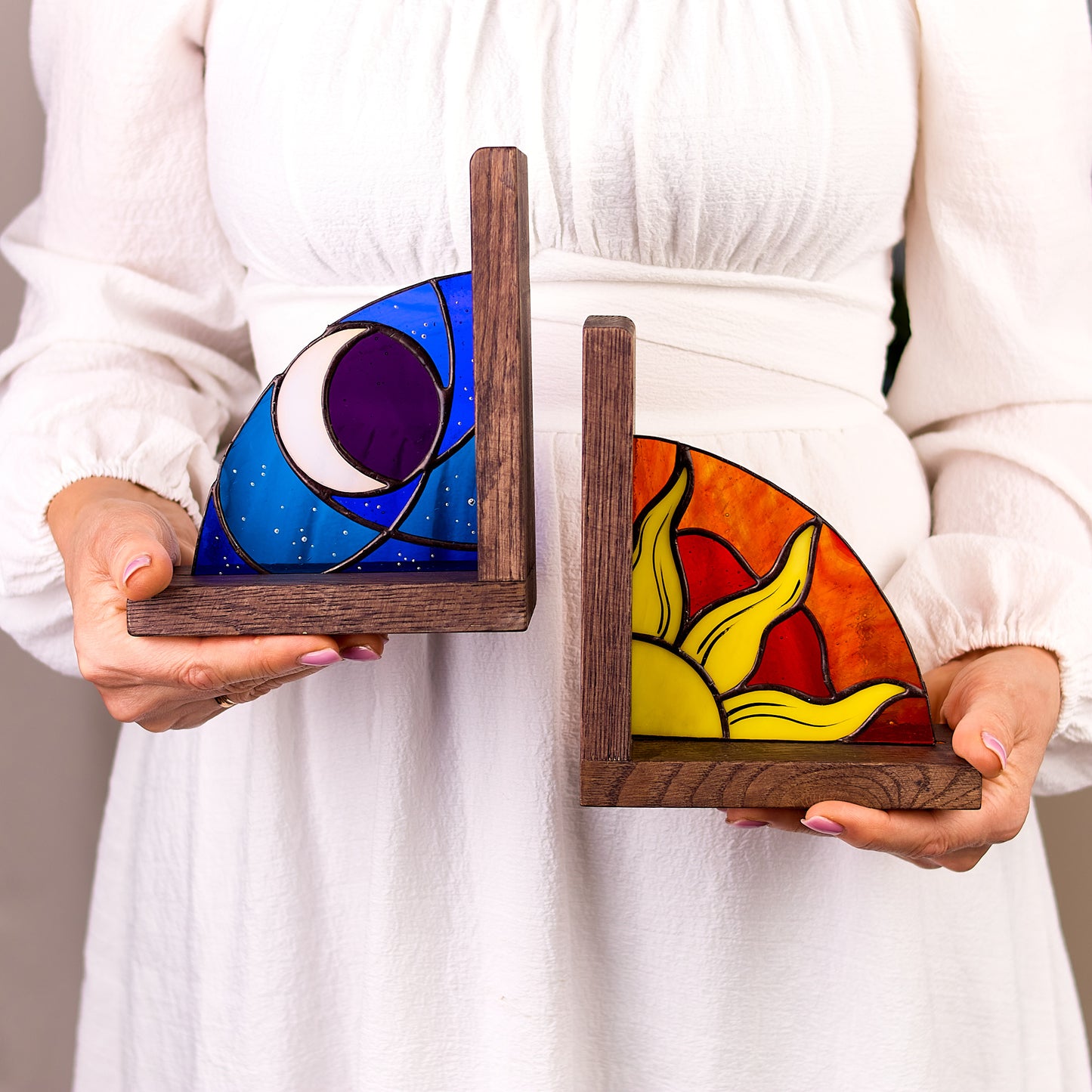 Sun and Moon Stained Glass Bookends