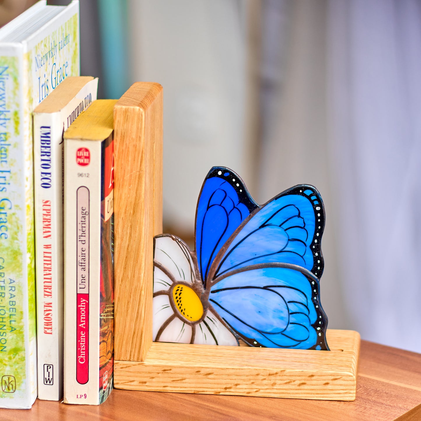 Blue Butterflies Stained Glass Bookends