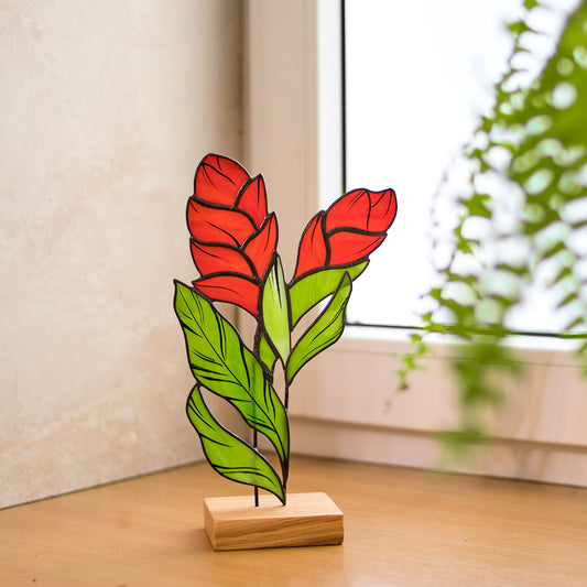 Red Ginger Flower Stained Glass Tabletop