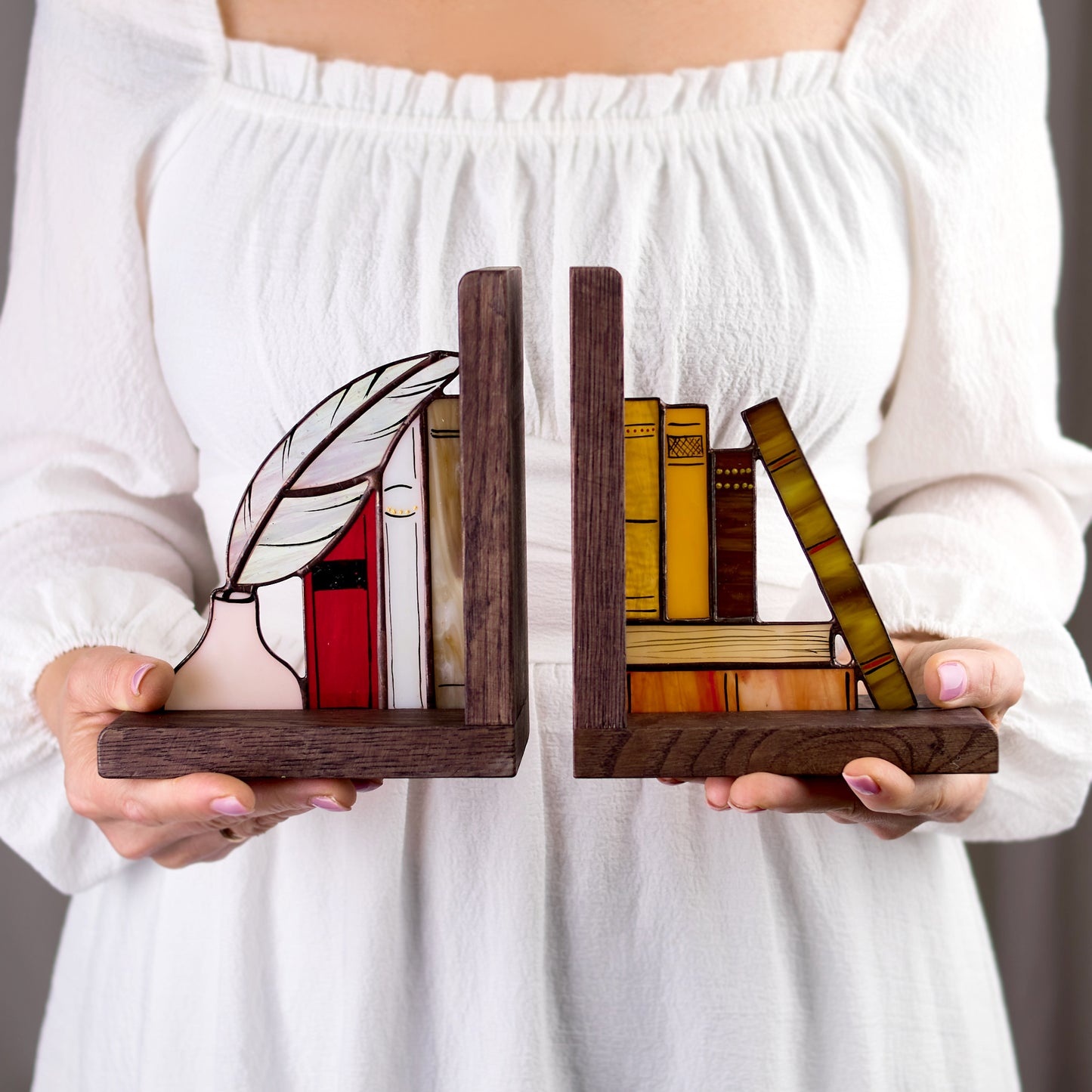 Books and Quill Stained Glass Bookends