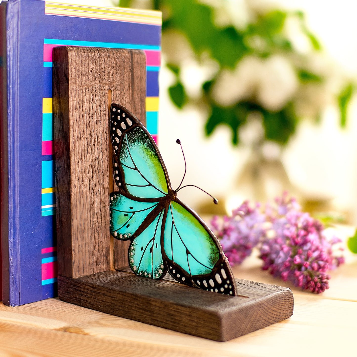 Morpho Butterfly Stained Glass Bookends