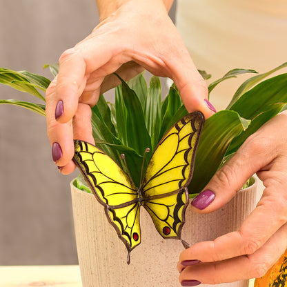 Yellow Butterfly Stained Glass Plant Pot Hugger