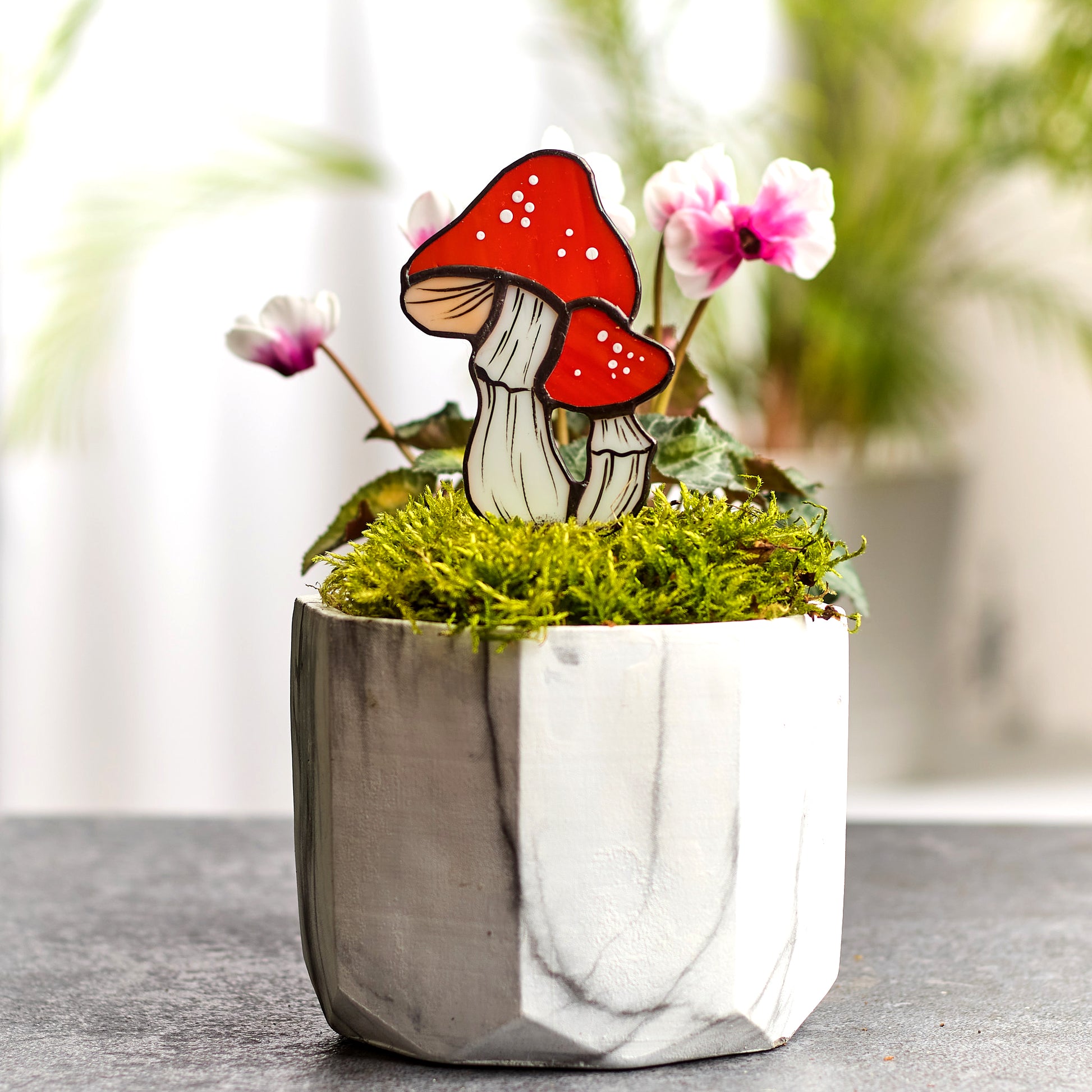 stained glass potted plants Fly Agaric Mushroom Stained Glass Plant Pot Stake