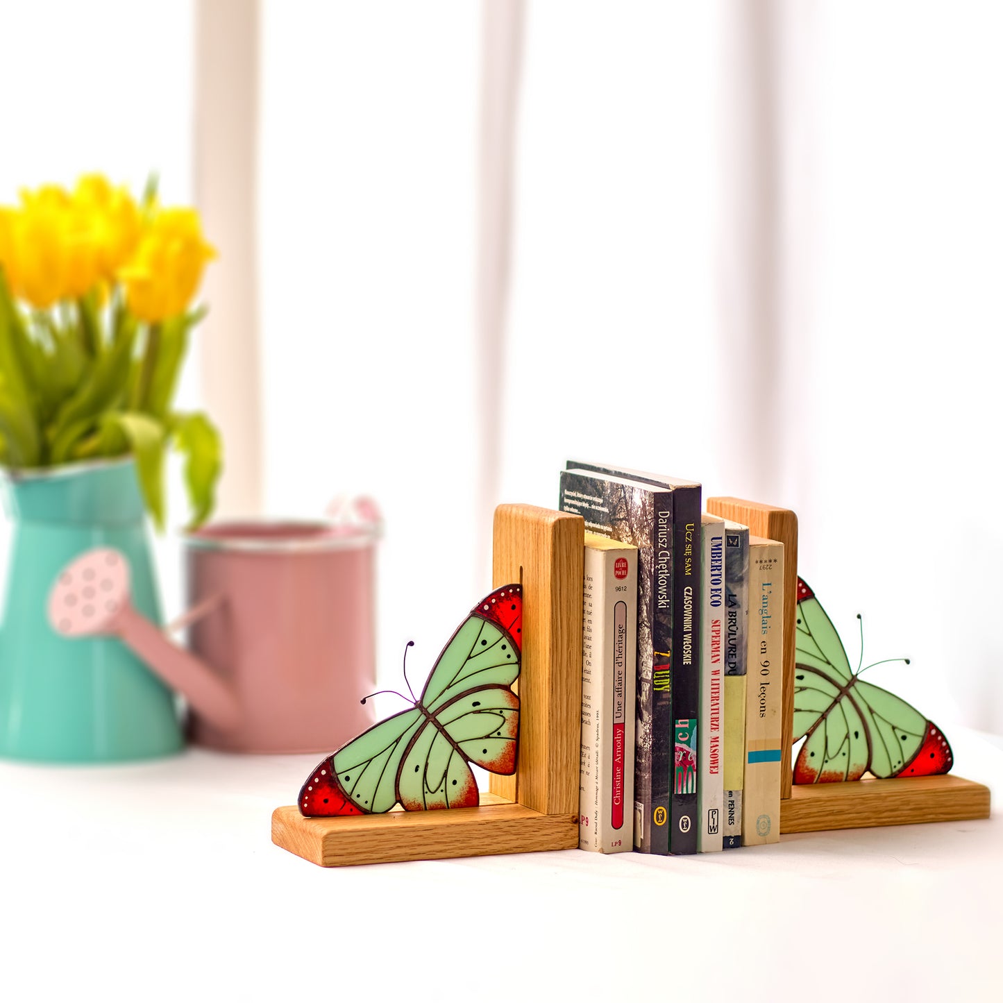 Soft Mint Butterfly Stained Glass Bookends