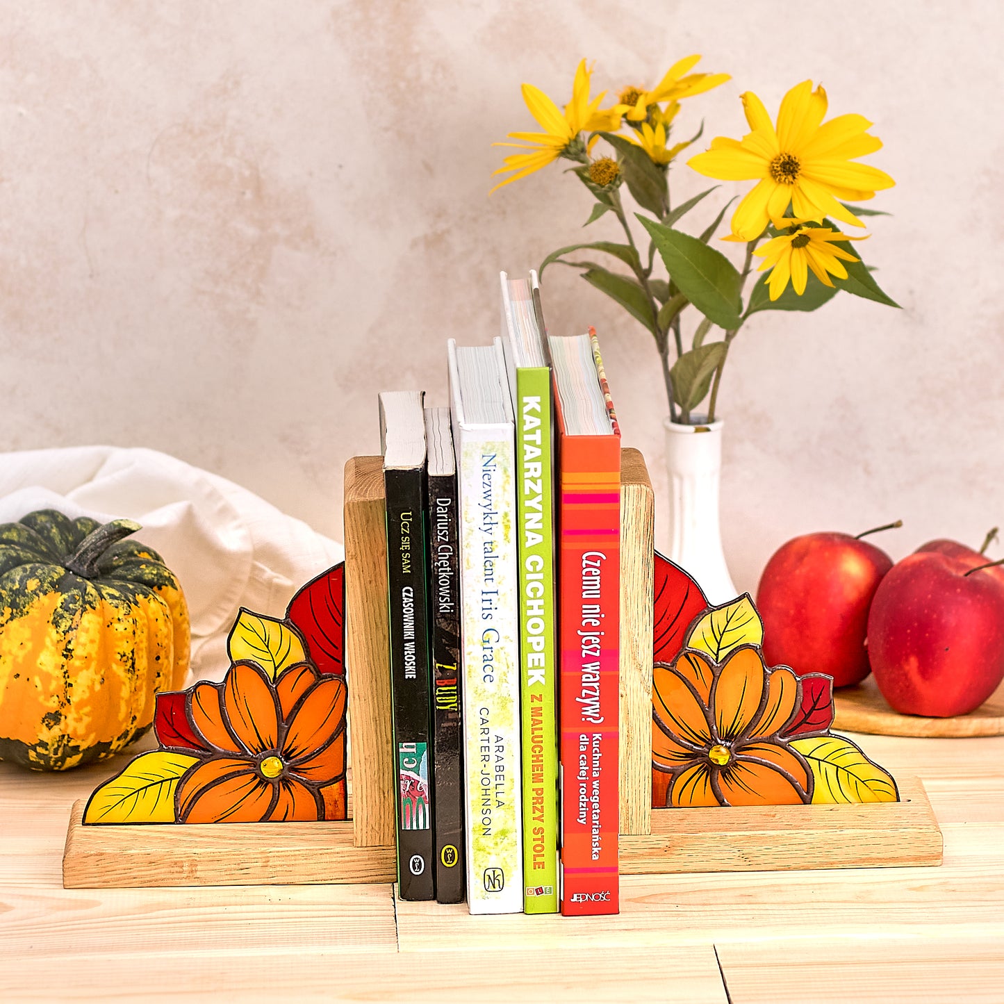 Fall Leaves Stained Glass Bookends