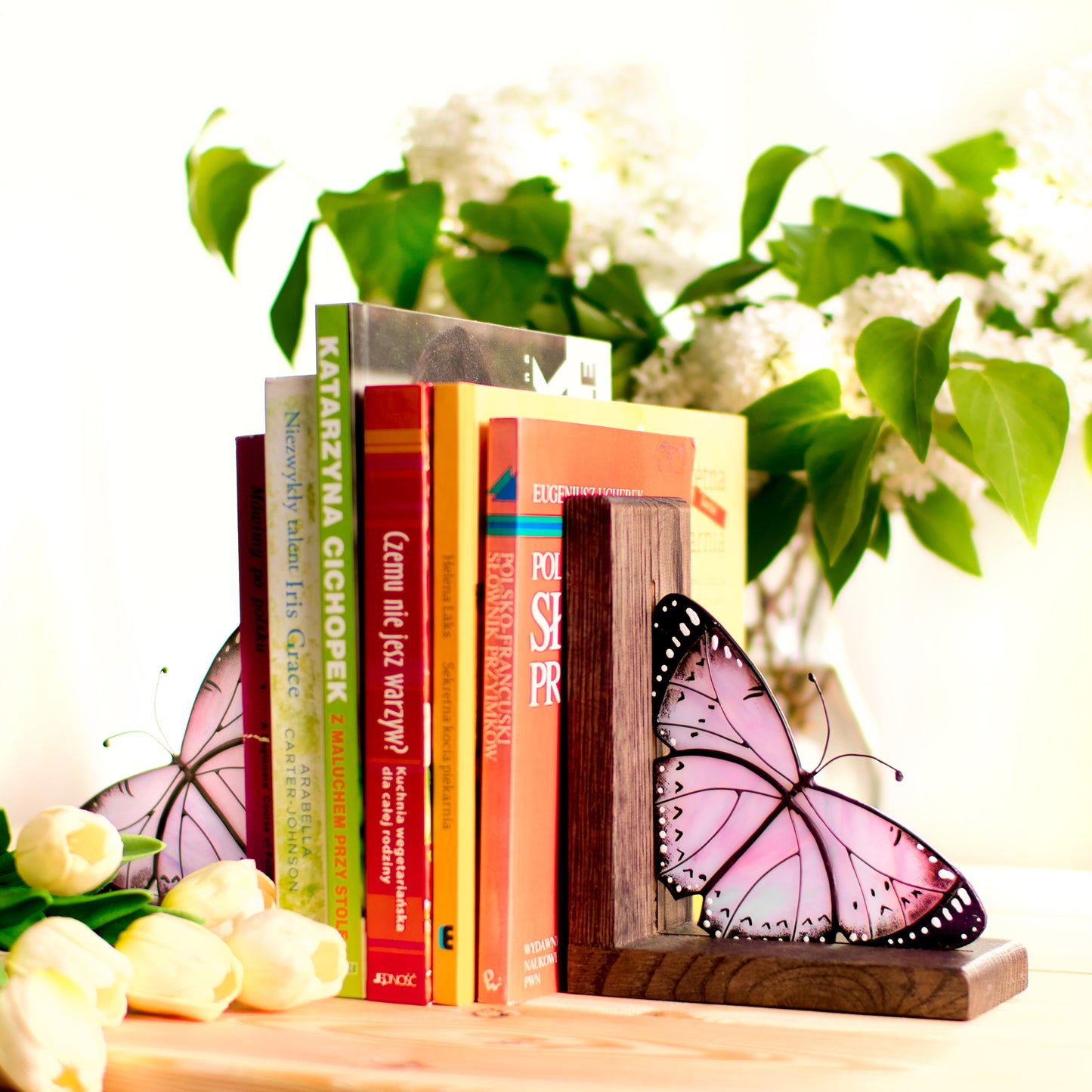 Lavender Monarch Butterfly Stained Glass Bookends
