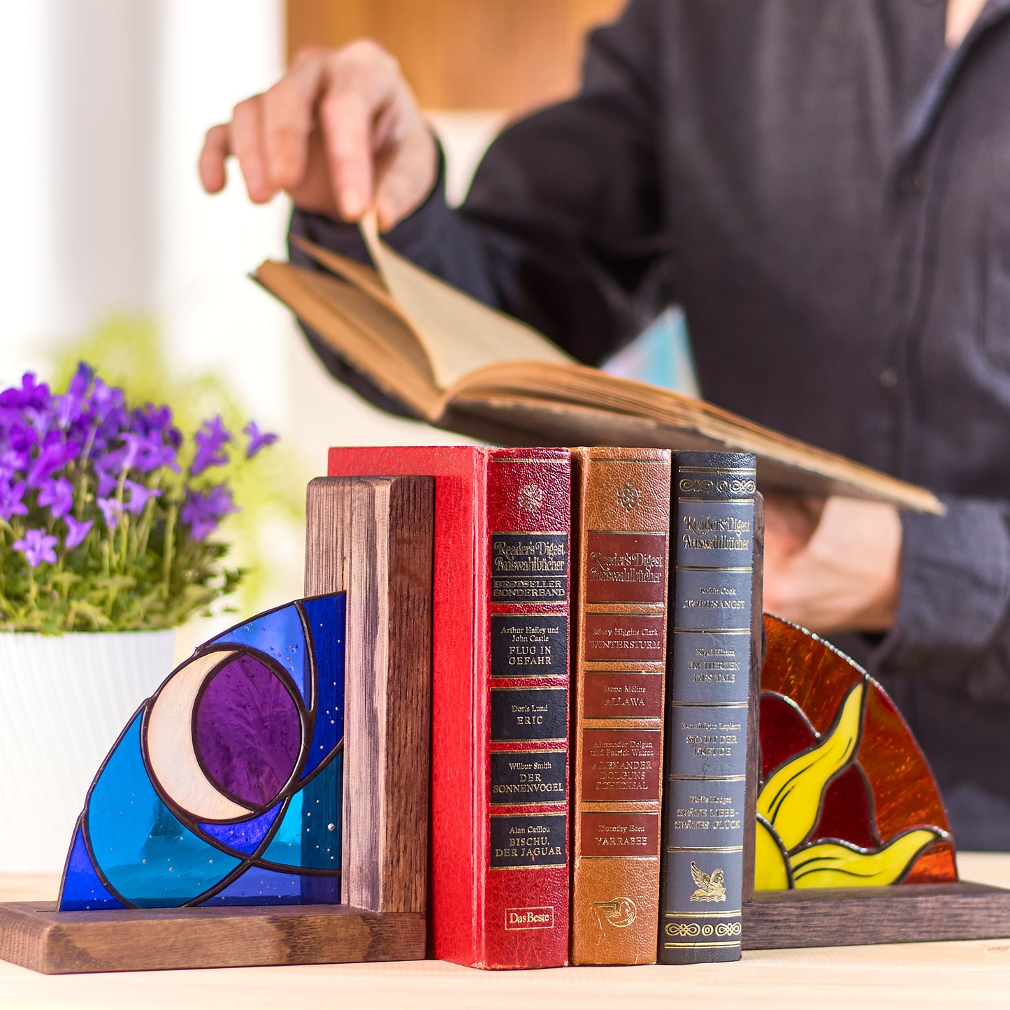 Sun and Moon Stained Glass Bookends